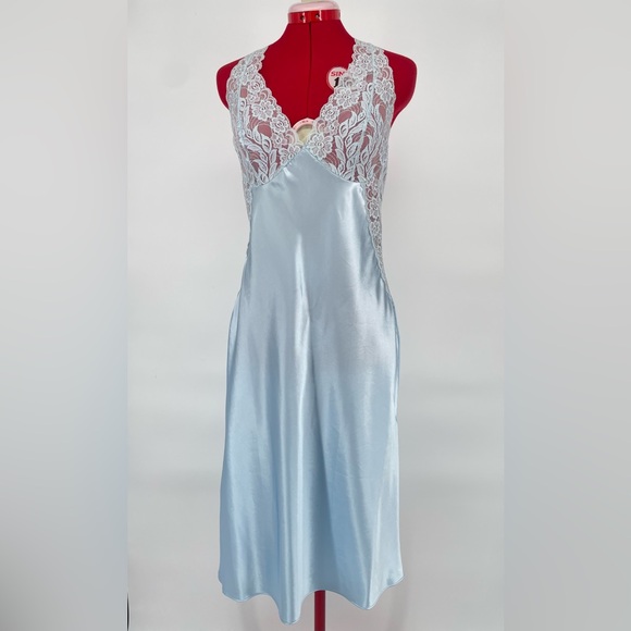 Icy Blue Lacey Satin Midi Length Slip Nightgown With Sheer Lace Panels - Picture 3 of 11